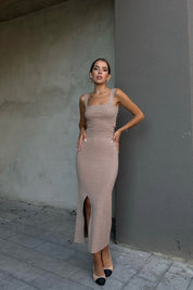 Camel Kalın Askılı Crop ve Yırtmaçlı Etek Takım SY-0926-Camel