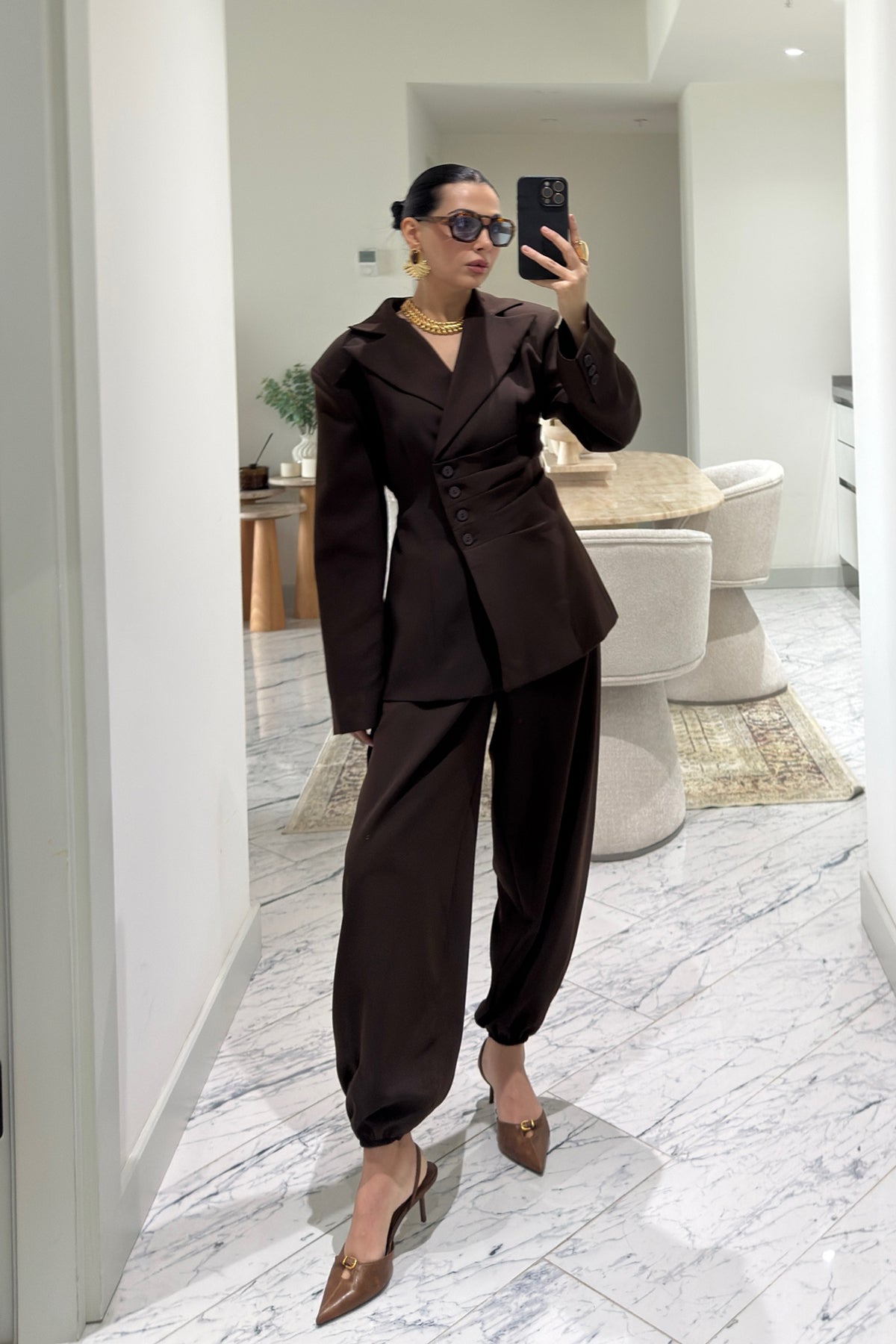 Kahverengi Beli Drapeli Ceket Ve Şalvar Pantolon Takım SY-3608-Kahverengi