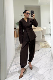 Kahverengi Beli Drapeli Ceket Ve Şalvar Pantolon Takım SY-3608-Kahverengi