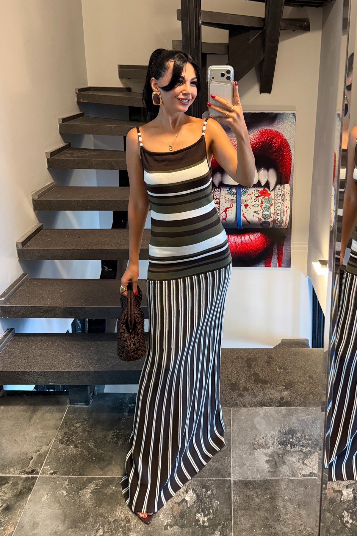 Haki Kahve Çizgili Boncuk Askılı Elbise SY-3804-Haki