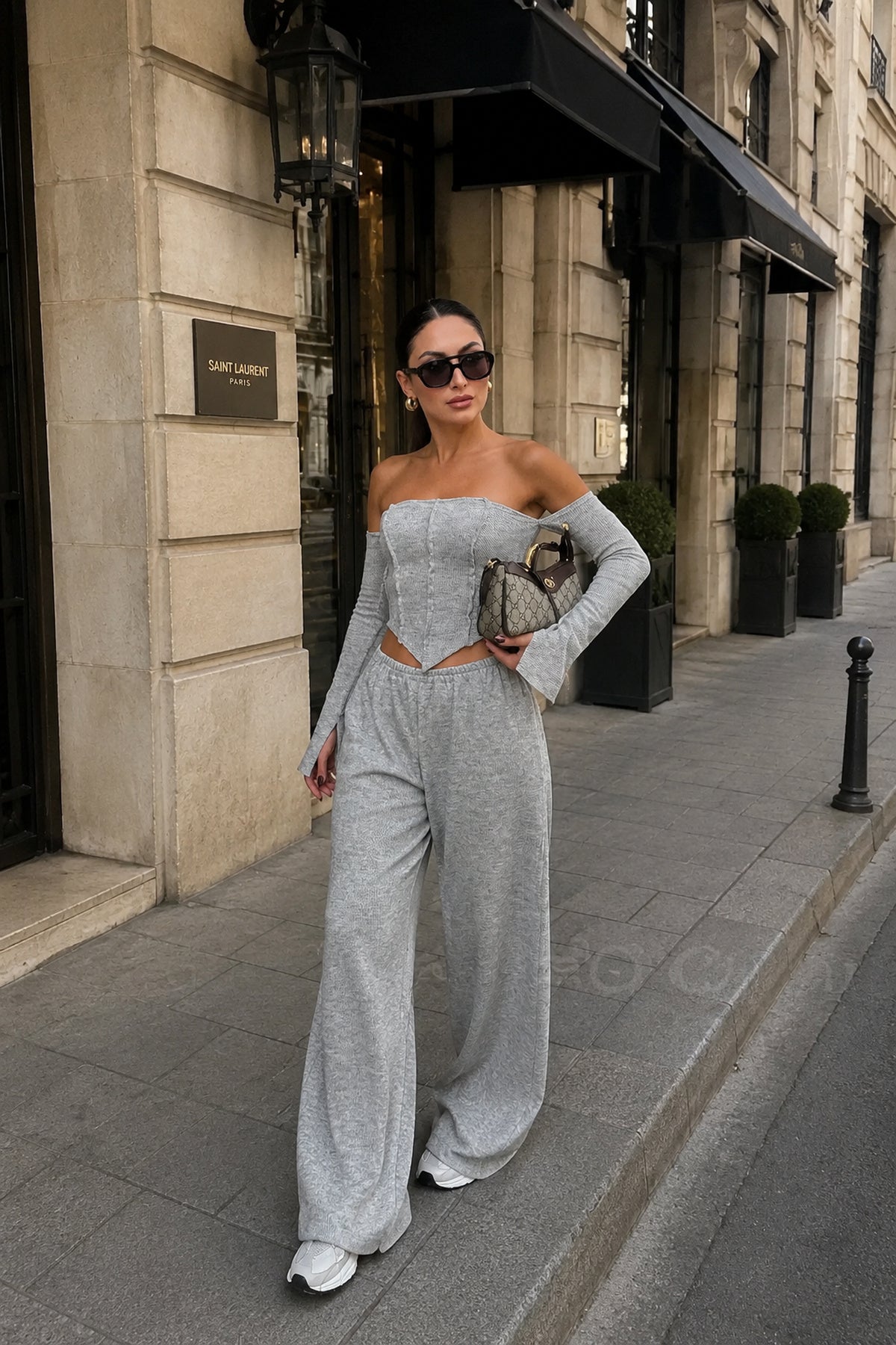 Gri Düşük Omuz Bluz Pantolon İkili Takım SY-2396-Gri