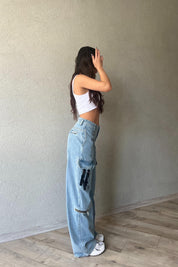 Mavi Kargo Cepli Fermuar Detaylı Wide Leg Jean SY-1829-Mavi