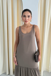 Kahve Askılı Maxi Keten Elbise SY-3134-Kahve