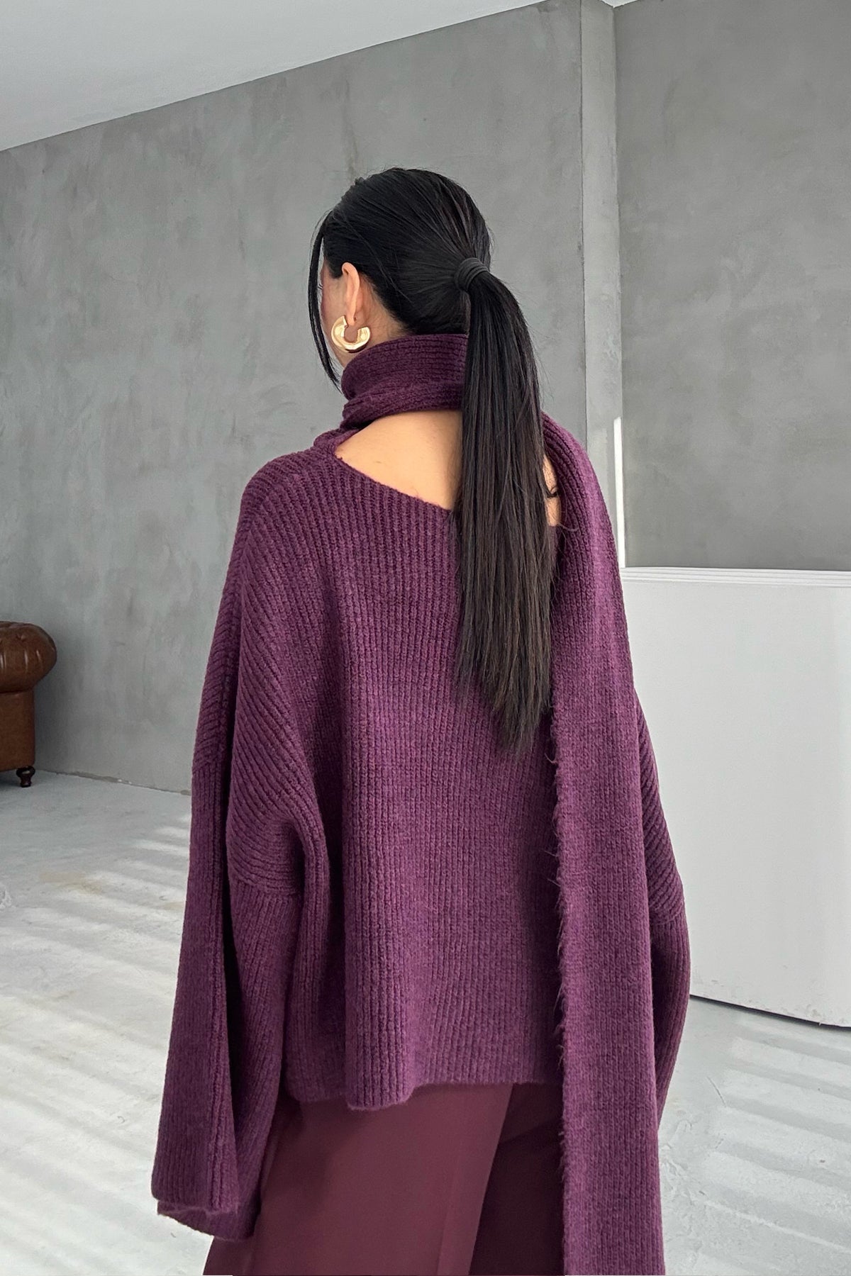 Mürdüm Şal Detaylı Triko Kazak SY-3427-Mürdüm