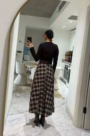 Örme Ekose Detaylı Kemerli Elbise SY-3615-Kahverengi