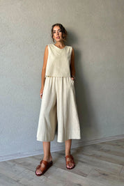 Taş Keten Bluz ve Beli Lastikli Pantolon Takım SY-0766-Taş