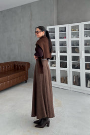 Kahverengi Ekoseli Cepli Midi Etek SY-3467-Kahve