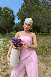 Pembe Asimetrik Straplez ve Pantolon Takım SY-3189-Pembe