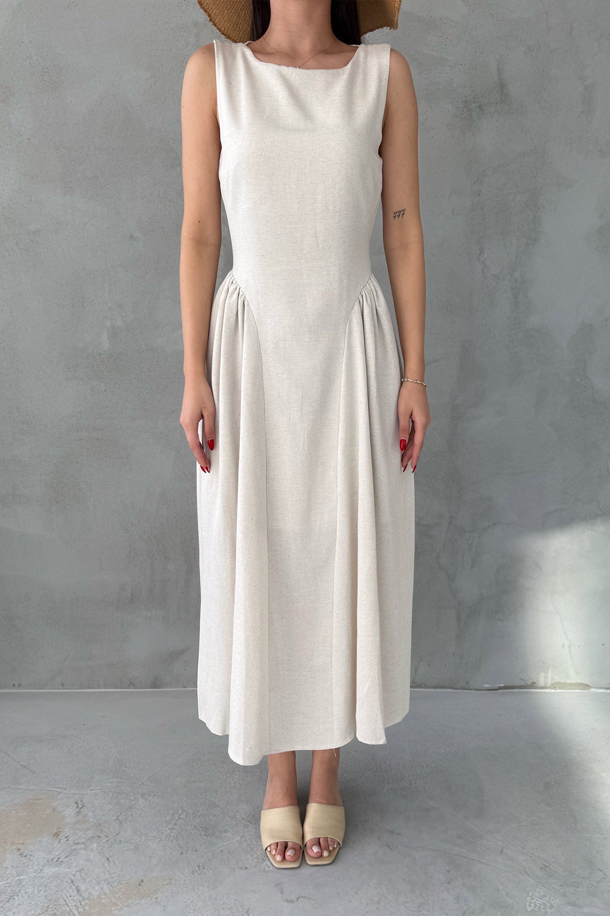 Bej Keten Yanları Büzgülü Midi Boy Prenses Elbise SY-3079-Bej