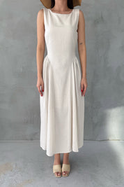 Bej Keten Yanları Büzgülü Midi Boy Prenses Elbise SY-3079-Bej