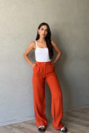 Kiremit Önü Pileli Keten Pantolon SY-2262-Kiremit