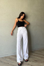 Beyaz Ham Keten Bol Paça Palazzo Pantolon SY-2238-Beyaz