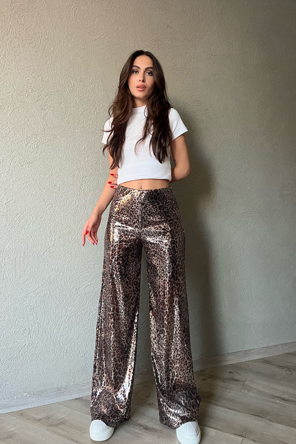 Leopar Desenli Pullu Beli Lastikli Bol Paça Pantolon SY-1296-Leopar
