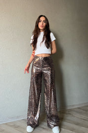 Leopar Desenli Pullu Beli Lastikli Bol Paça Pantolon SY-1296-Leopar