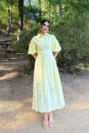 Sarı Venil Balon Kol Kemerli Kloş Elbise SY-2946-Sarı