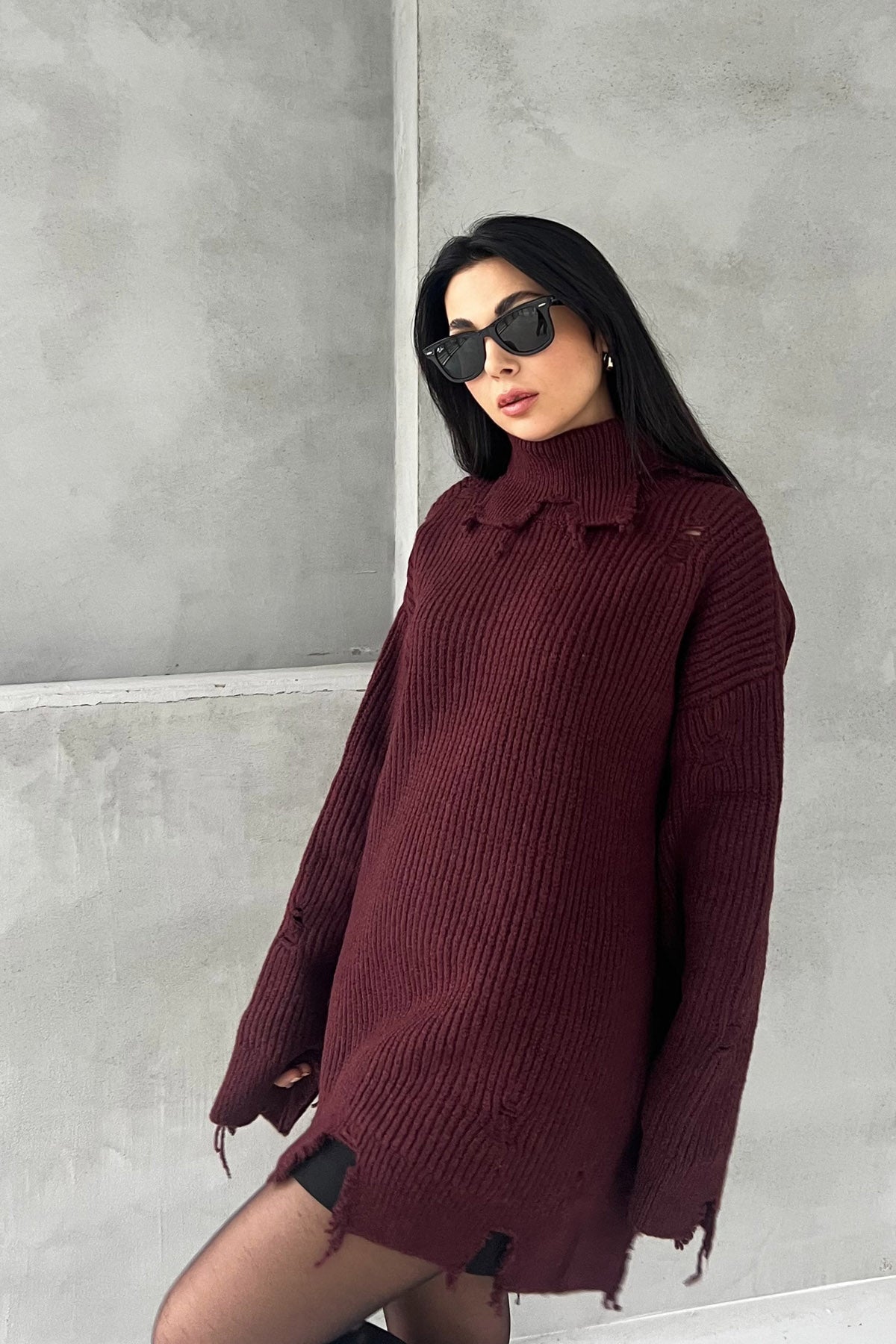 Bordo Yırtık Detaylı Boğazlı Triko Kazak SY-2840-Bordo