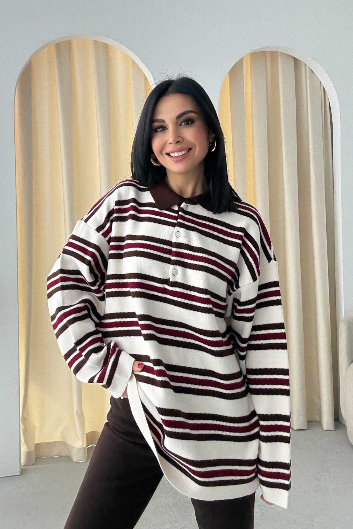 Kahve-Ekru Polo Yaka Çizgili Kazak SY-3475-Kahverengi