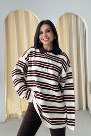 Kahve-Ekru Polo Yaka Çizgili Kazak SY-3475-Kahverengi