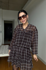 Kahverengi Beli Lastikli Volancia Elbise SY-3515-Kahverengi