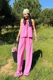 Pembe İp Askılı Bluz Pantolon Takım SY-2259-Pembe