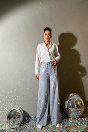 Gri Varak Baskılı Beli Lastikli Bol Paça Pantolon SY-1407-Gri