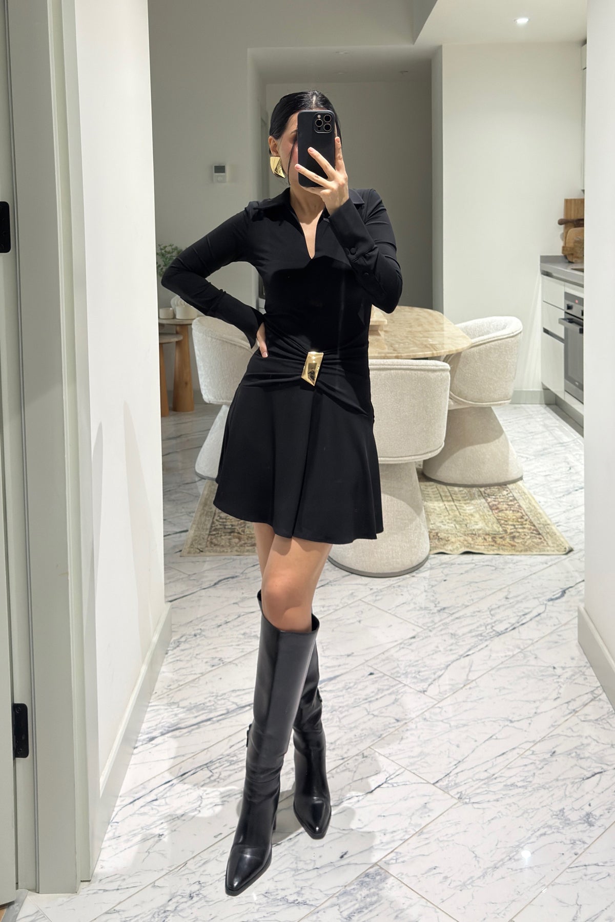 Toka Detaylı Yakalı Elbise Siyah SY-3623-Siyah