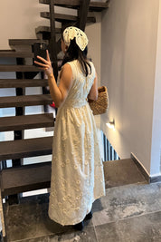 Santorini Çiçek Desenli Midi Elbise-Ekru SY-3661-Ekru