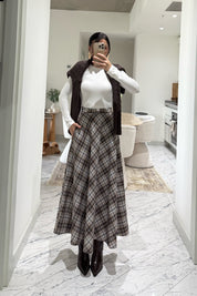 Kahve-Ekru Ekose Desenki Kloş Etek SY-3527-Ekru