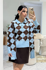 Kendinden Şallı Baklava Desenli Polo Yaka Triko SY-3563-Mavi