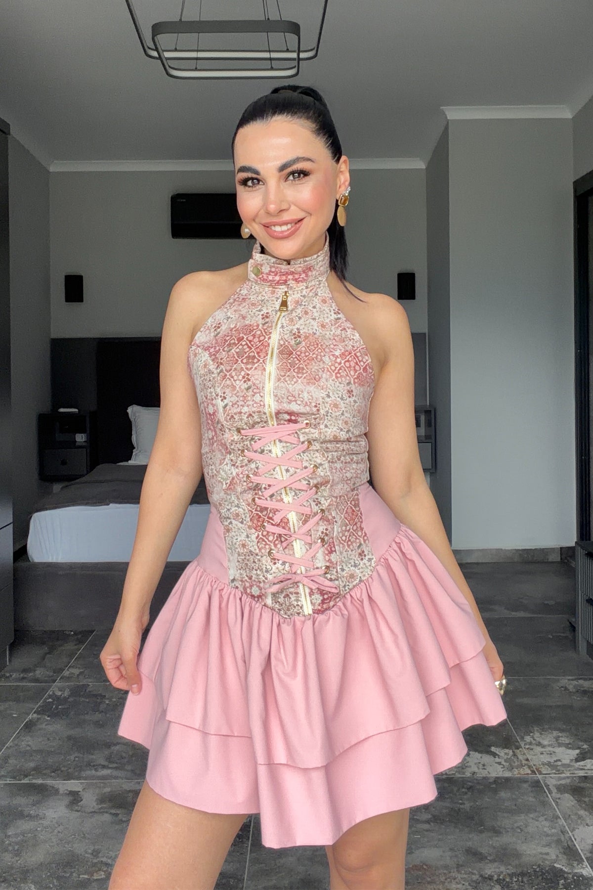 Barbie Luxe Korse Detay Mini Elbise SY-3716-Pembe
