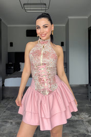 Barbie Luxe Korse Detay Mini Elbise SY-3716-Pembe