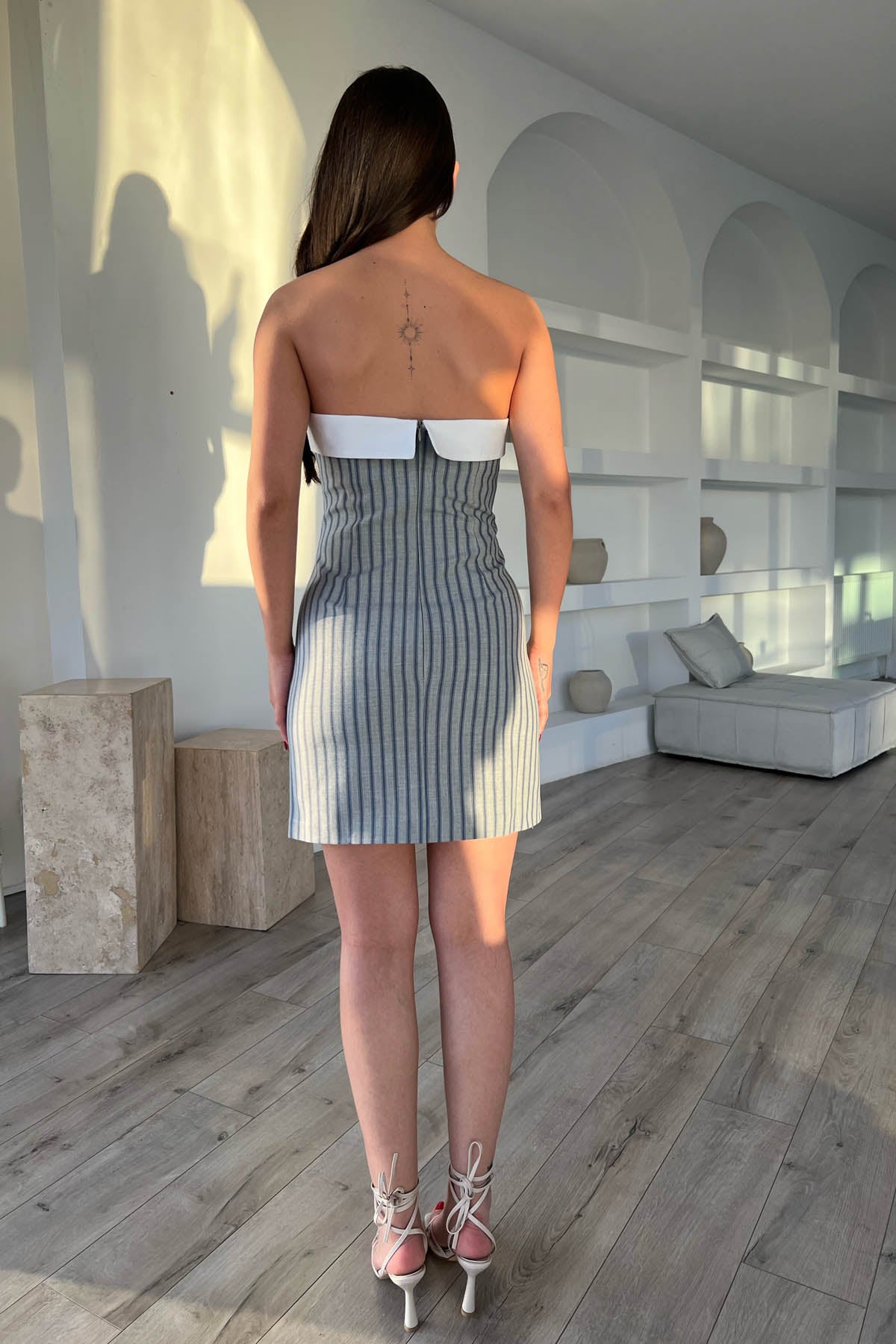 Gri Çizgili Straplez Detaylı Mini Elbise SY-1734-Gri