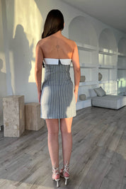 Gri Çizgili Straplez Detaylı Mini Elbise SY-1734-Gri