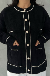 Siyah-Ekru Çizgili Cepli Simli Hırka SY-2452-Siyah