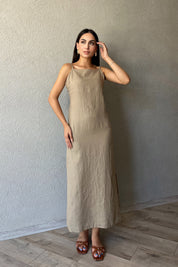 Açık Haki Pencere Detay Keten Elbise SY-2355-Açık Haki