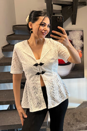 Beyaz Dantel Detaylı Vintage Bluz SY-3695-Beyaz