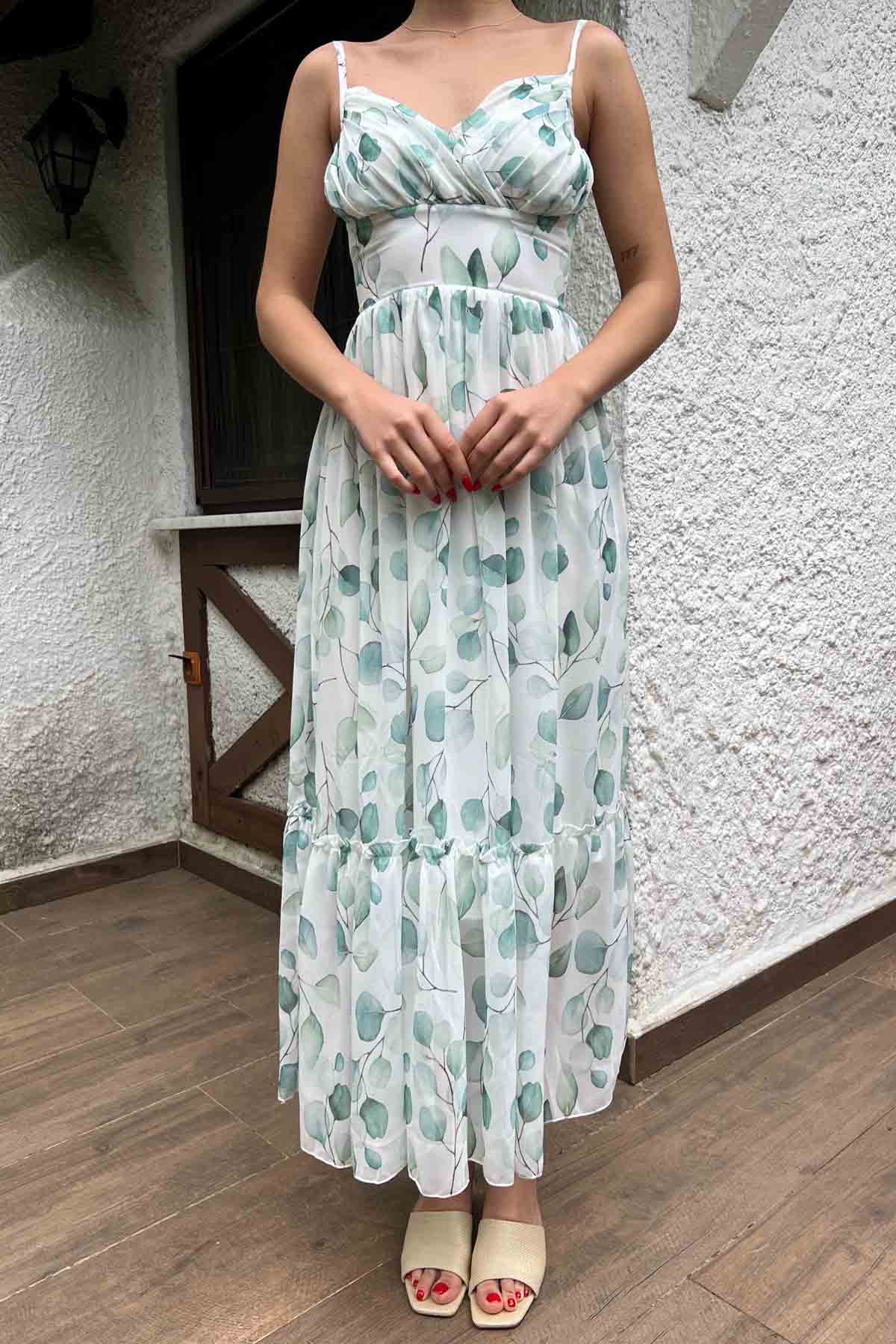 Yeşil Drape Detaylı Askılı Şifon Elbise SY-2040-Yeşil