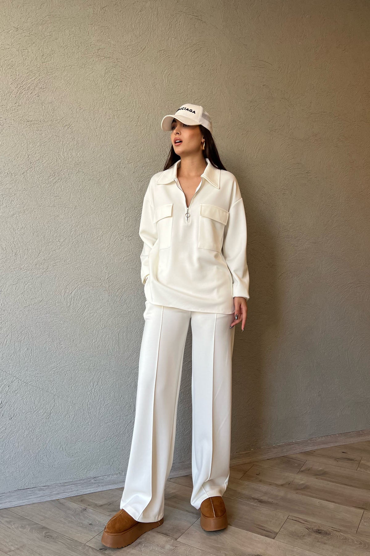 Ekru Fermuarlı Sweat ve Bol Paça Pantolon Takım SY-1490-Ekru