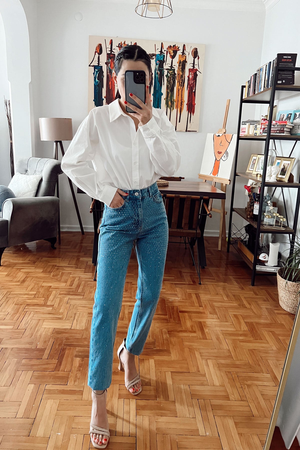Koyu Mavi Taşlı Yüksek Bel Mom Fit Jean SY-0004-Koyu Mavi