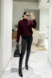 Bordo Siyah Düğmeli Triko Hırka SY-3578-Bordo