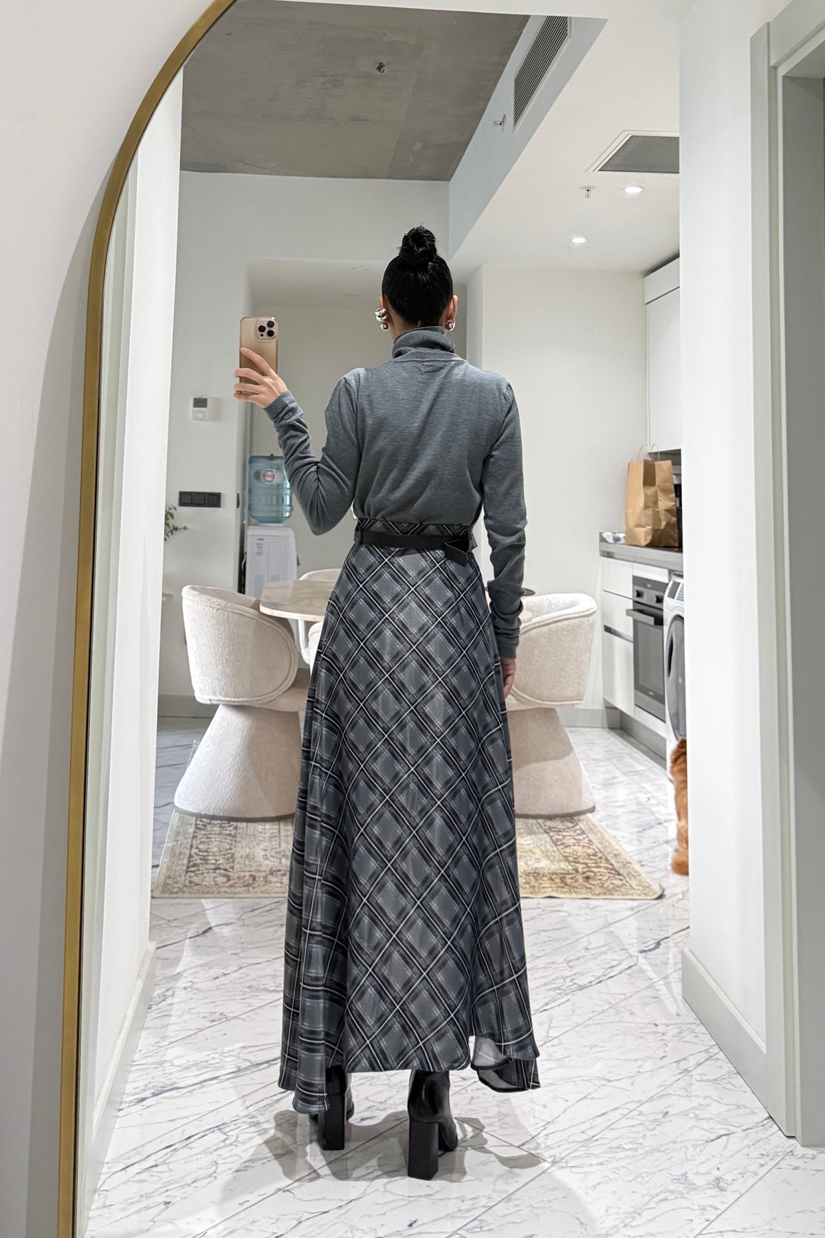 Gri Kare Detaylı Kemerli Etek SY-3573-Gri