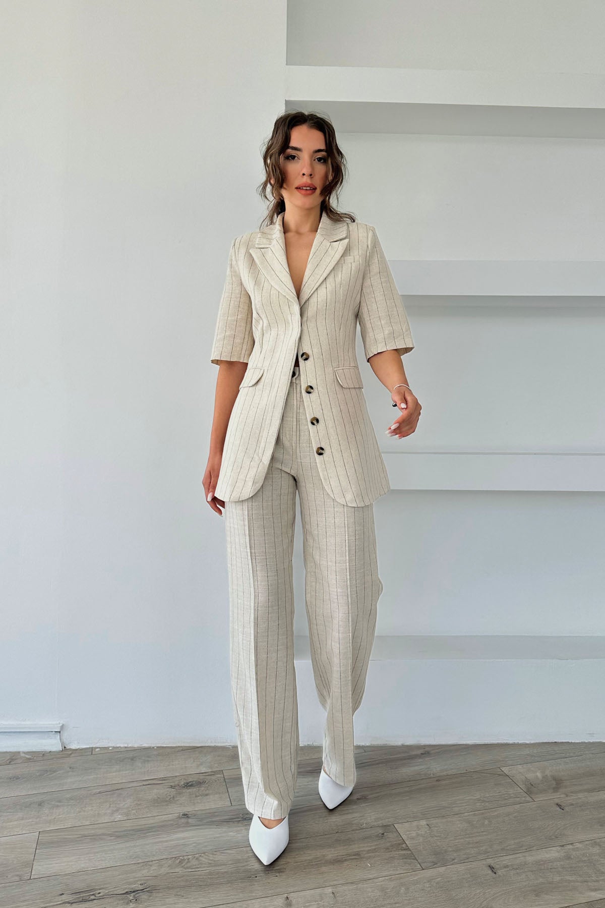 Bej Çizgili Sırt Detaylı Ceket ve Pantolon Takım SY-0389-Bej