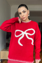 Kırmızı Önü Fiyonk Detaylı  Triko Kazak SY-2842-Kırmızı