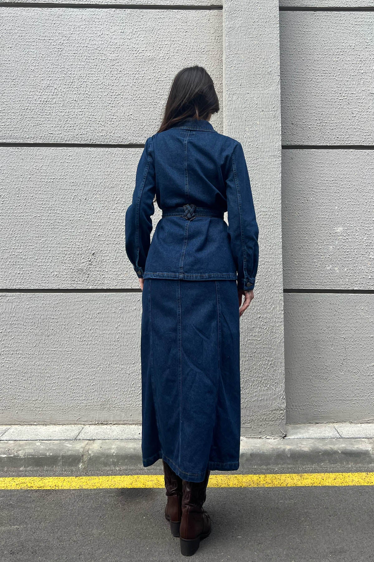Koyu Lacivert Kemer Detaylı Etek Ceket Denim Takım SY-1574-Koyu Lacivert