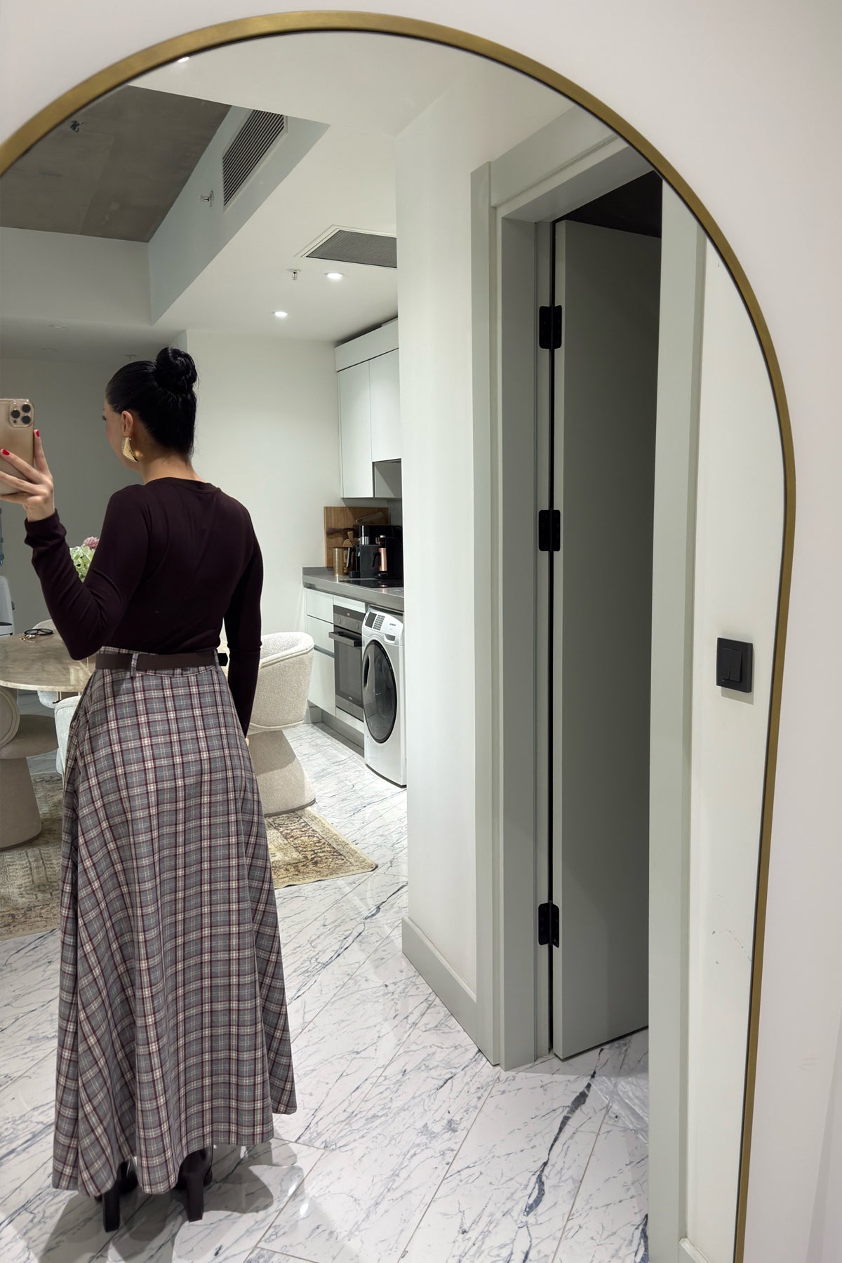 Ekose Desenli Yırtmaç Detaylı Grili Bordo Çizgili Kloş Etek SY-3494-Gri