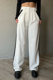 Beyaz Önü Pileli Yandan Şerit Geçişli Palazzo Pantolon SY-1228-Beyaz
