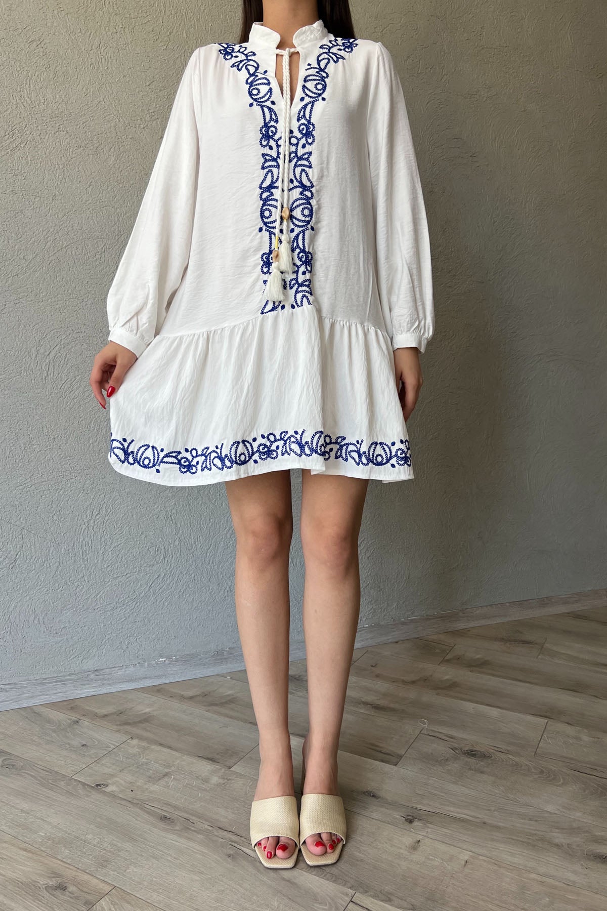 Beyaz Nakış Detaylı Keten Elbise SY-2043-Beyaz