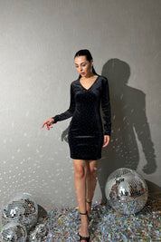 Siyah V Yaka Taşlı Kadife Elbise SY-1421-Siyah