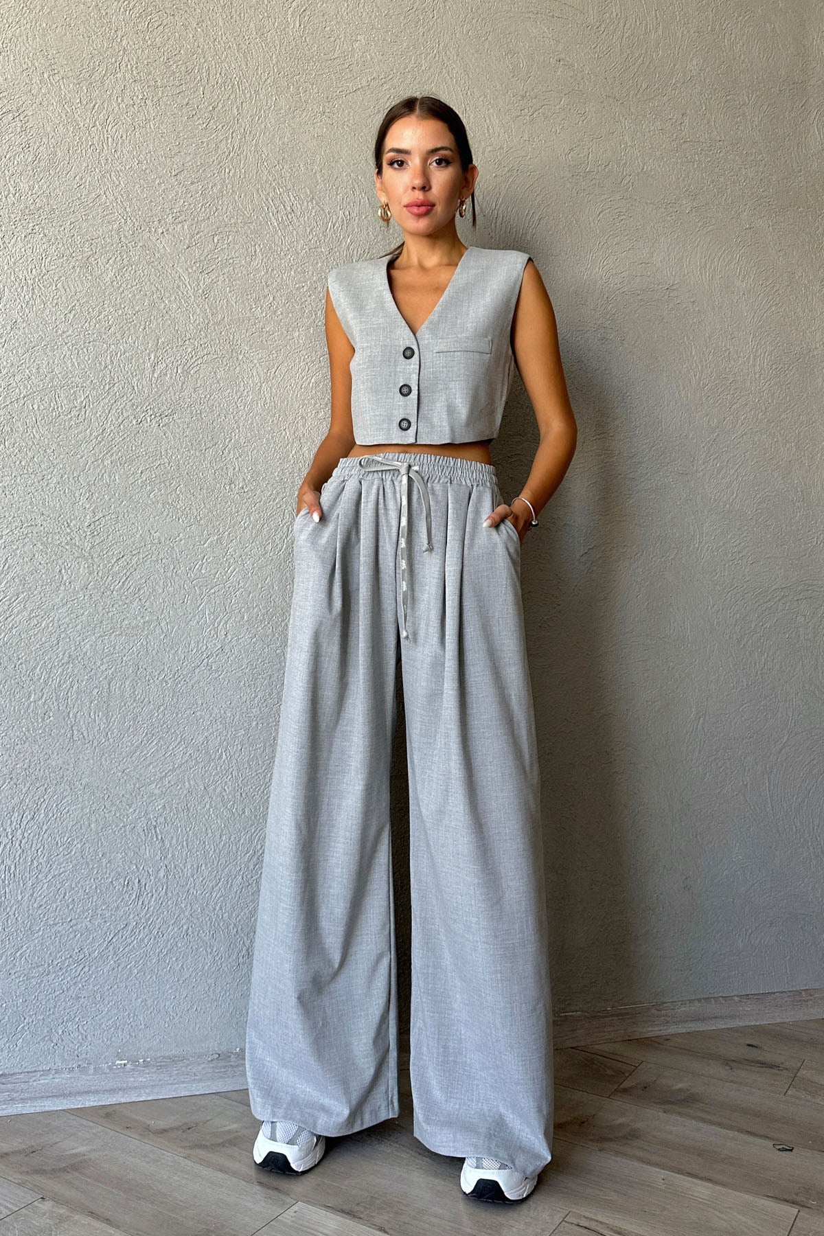 Gri Süs Cepli Yelek ve Beli Lastikli Pantolon Takım SY-0937-Gri