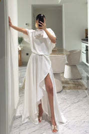 Beyaz Saten Yırtmaçlı Elbise SY-3641-Beyaz